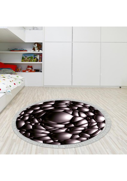 Kaymaz Dijital Mutfak & Salon Halı Star Pamuk Saçaklı Yuvarlak Geometrik E5009 Siyah