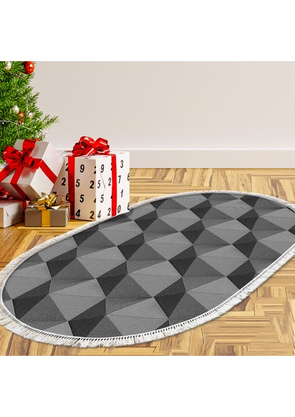 Kaymaz Dijital Mutfak & Salon Halı Yıldız Deri Saçaklı Oval Geometrik E5010 Gri