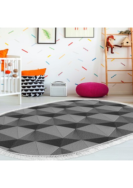 Kaymaz Dijital Mutfak & Salon Halı Yıldız Deri Saçaklı Oval Geometrik E5010 Gri