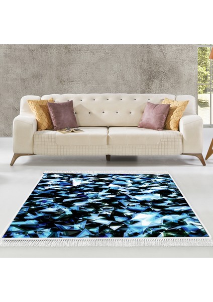Kaymaz Dijital Mutfak & Salon Halı Trend Saçaklı Geometrik E5012 Mavi