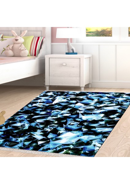 Kaymaz Dijital Mutfak & Salon Halı Trend Saçaklı Geometrik E5012 Mavi