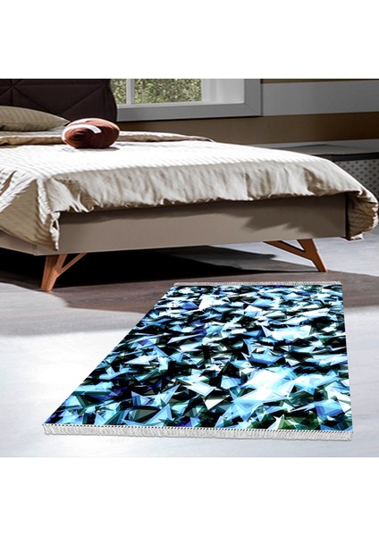 Kaymaz Dijital Mutfak & Salon Halı Trend Saçaklı Geometrik E5012 Mavi