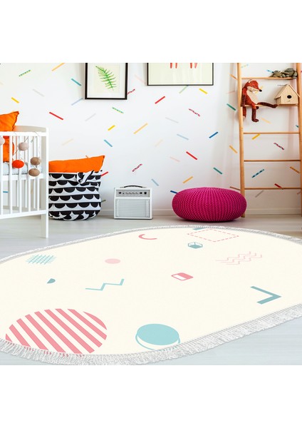 Kaymaz Dijital Mutfak & Salon Halı Yıldız Deri Saçaklı Oval Geometrik E5015 Beyaz