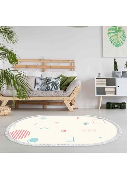 Kaymaz Dijital Mutfak & Salon Halı Yıldız Deri Saçaklı Oval Geometrik E5015 Beyaz