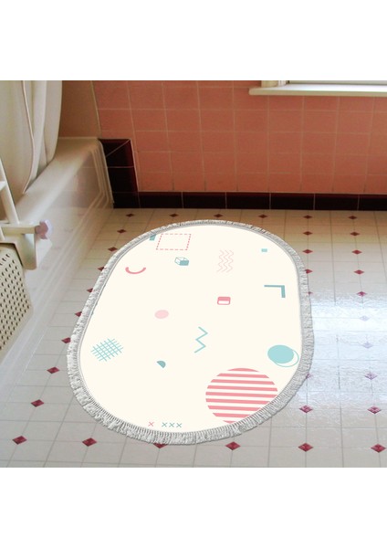 Kaymaz Dijital Mutfak & Salon Halı Yıldız Deri Saçaklı Oval Geometrik E5015 Beyaz