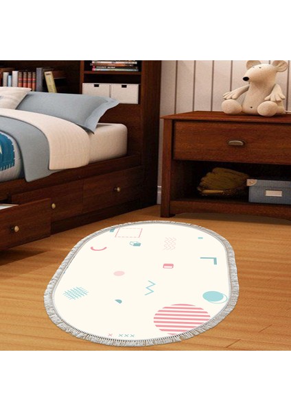 Kaymaz Dijital Mutfak & Salon Halı Yıldız Deri Saçaklı Oval Geometrik E5015 Beyaz