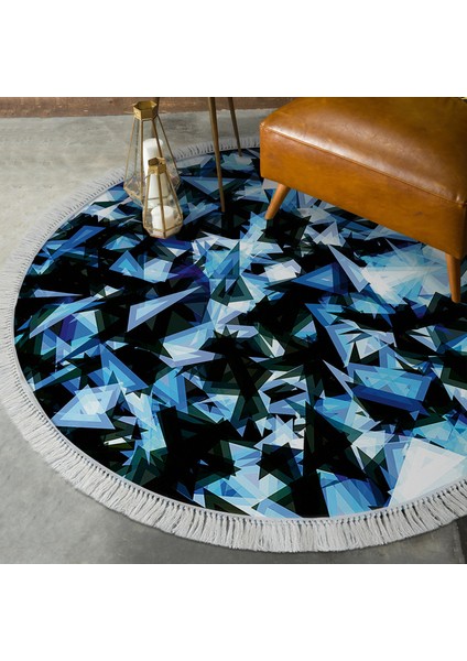 Kaymaz Dijital Mutfak & Salon Halı Star Pamuk Saçaklı Yuvarlak Geometrik E5012 Mavi