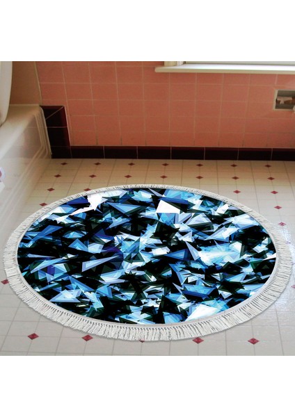 Kaymaz Dijital Mutfak & Salon Halı Star Pamuk Saçaklı Yuvarlak Geometrik E5012 Mavi