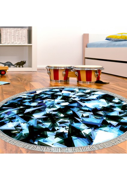 Kaymaz Dijital Mutfak & Salon Halı Star Pamuk Saçaklı Yuvarlak Geometrik E5012 Mavi