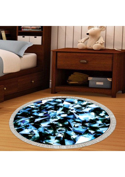 Kaymaz Dijital Mutfak & Salon Halı Star Pamuk Saçaklı Yuvarlak Geometrik E5012 Mavi