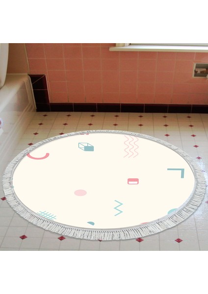 Kaymaz Dijital Mutfak & Salon Halı Yıldız Deri Saçaklı Yuvarlak Geometrik E5015 Beyaz