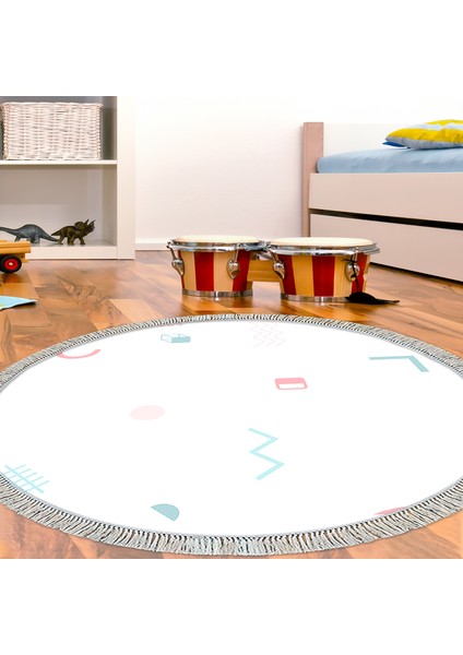 Kaymaz Dijital Mutfak & Salon Halı Yıldız Deri Saçaklı Yuvarlak Geometrik E5015 Beyaz