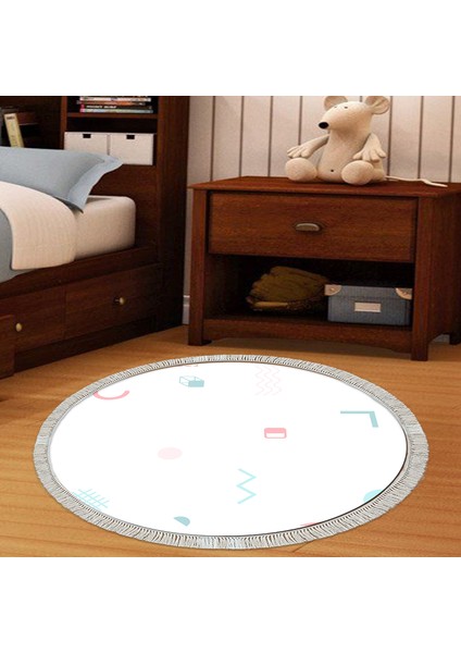 Kaymaz Dijital Mutfak & Salon Halı Yıldız Deri Saçaklı Yuvarlak Geometrik E5015 Beyaz