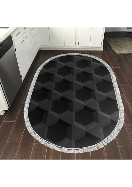 Kaymaz Dijital Mutfak & Salon Halı Trend Saçaklı Oval Geometrik E5016 Siyah indirimleri