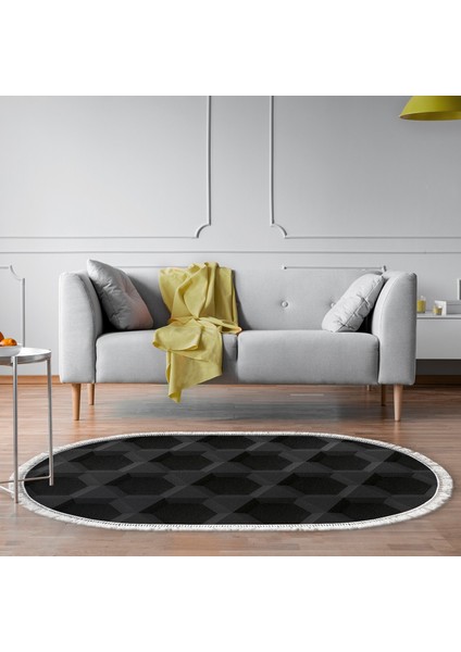 Kaymaz Dijital Mutfak & Salon Halı Trend Saçaklı Oval Geometrik E5016 Siyah