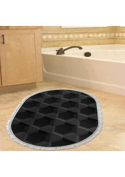 Kaymaz Dijital Mutfak & Salon Halı Trend Saçaklı Oval Geometrik E5016 Siyah