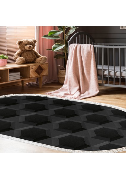 Kaymaz Dijital Mutfak & Salon Halı Trend Saçaklı Oval Geometrik E5016 Siyah