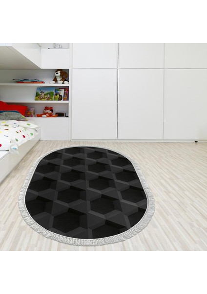 Kaymaz Dijital Mutfak & Salon Halı Trend Saçaklı Oval Geometrik E5016 Siyah