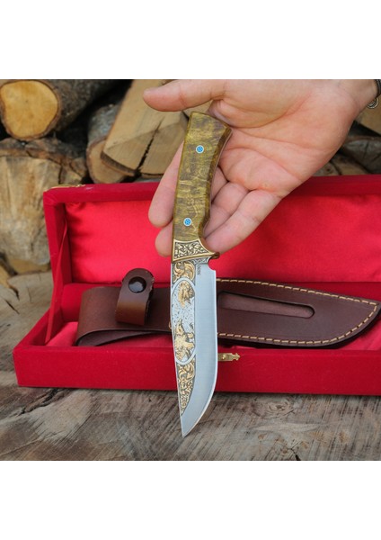 Bushcraft - Koleksiyonluk ve Hediyelik Bıçak 24K Altın Kaplama Kartal Gravür Işlemeli - Kadife Kutulu