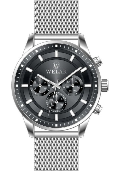 WEL3920-2 Fonksiyonlu Siyah Kadran ve Gümüş Kordon Paslanmaz Çelik Hasır Erkek Kol Saati