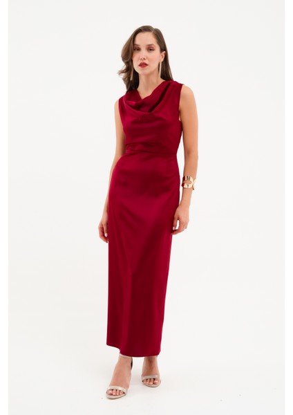 Kadın Bordo Degaje Yaka Midi Saten Elbise modelleri