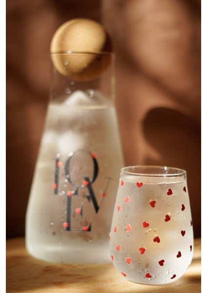 Caga Pinterest Love ve Kalp Desenli 2 Parça Bardak ve Borosilikat Cam Sürahi (900 Ml) Takım Seti