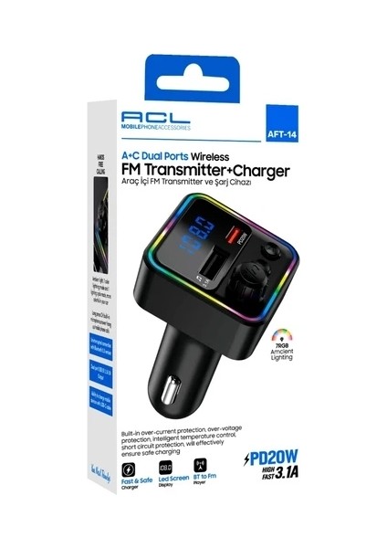 Aft-14 PD20W, 3.1A A+C Çift Portlı LED Göstergeli Fm Transmitter fiyatları