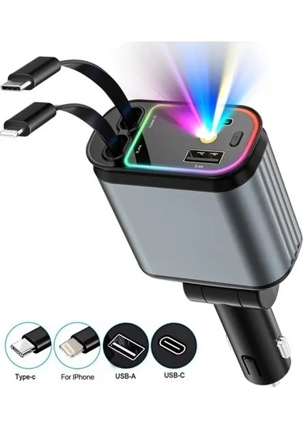 Acc-01 66W 3.4A, 4in1 Geri Çekilebilir Kablolu Yıldız Tavan, Rgb A+C Portlu Araç Içi Şarj