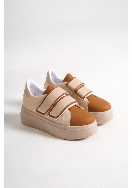 Venedık Bağcıksız Cırtlı 2 Bantlı Ortopedik Taban Kadın Sneaker Günlük Ayakkabı Tt Ten/kahve