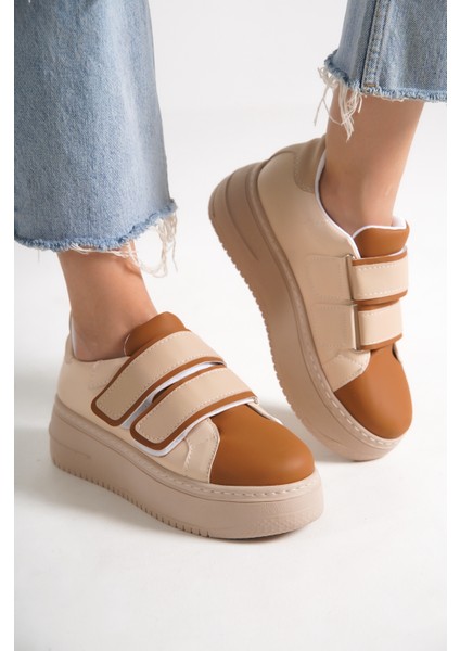 Venedık Bağcıksız Cırtlı 2 Bantlı Ortopedik Taban Kadın Sneaker Günlük Ayakkabı Tt Ten/kahve indirimleri