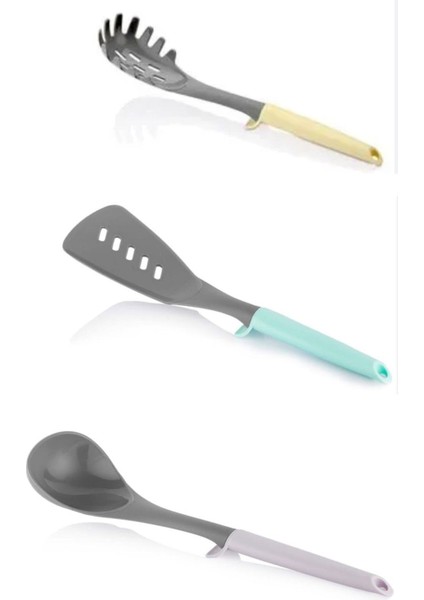 3'lü Renkli Plastik Kepçe ve Spatula Seti, Dayanıklı ve Şık Mutfak Gereçleri