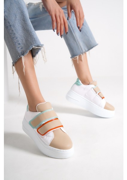 Venedık Bağcıksız Cırtlı 2 Bantlı Ortopedik Taban Kadın Sneaker Günlük Ayakkabı Bt Beyaz/ten/mavi fırsatları