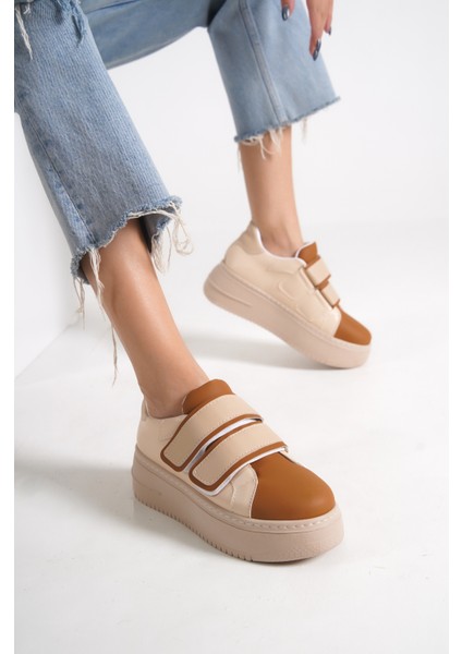 Venedık Bağcıksız Cırtlı 2 Bantlı Ortopedik Taban Kadın Sneaker Günlük Ayakkabı Tt Ten/kahve fırsatları