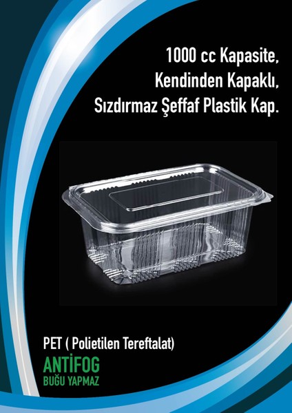 1000 cc - 1000 gr Sızdırmaz Kap Kendinden Kapaklı 50 Adet PET ( Polietilen Tereftalat)