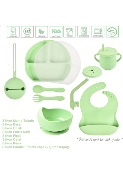 Silikon Beslenme Seti Vakumlu Silikon Mama Tabağı, Kase, Önlük, Çatal-Kaşık, Pipetli Bardak ve Çerez Kapağı, Emzik Kılıfı / Yeşil Renk