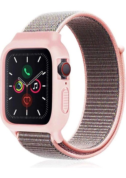Apple Watch 38MM Hasırlı Cırtcırtlı Kasalı Kordon - Pembe - NEONX6405-3844