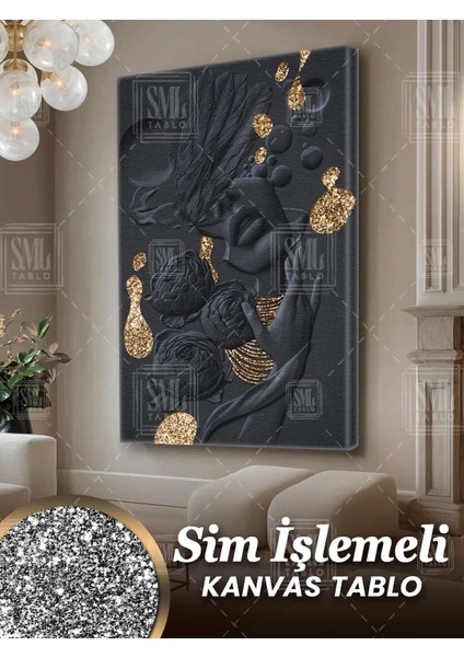 Sim Işlemeli Altın Takılı Çiçek Kadın Soyut Gol Dekor Simli Dikey Kanvas Tablo