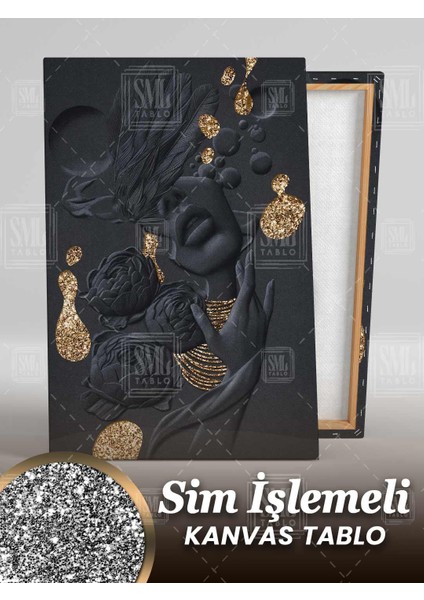 Sim Işlemeli Altın Takılı Çiçek Kadın Soyut Gol Dekor Simli Dikey Kanvas Tablo fiyatları