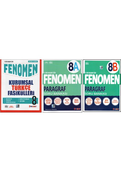 Fenomen 8.sınıf Türkçe Kurumsal Fasikülleri +Fenomen 8.sınıf 8A ve 8b Paragraf (3 Kitap)