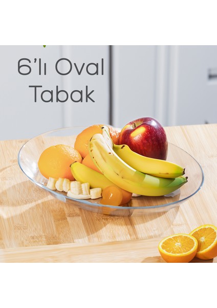 10336 6lı Oval Servis Tabak Seti - Şeffaf Cam Sunum Tabakları 25X33 cm