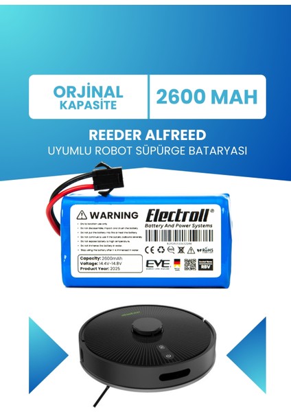 Reeder Alfreed Uyumlu Batarya (Standar Kapasite) 2600MAH Pil Robot Süpürge Batarya Değişimi