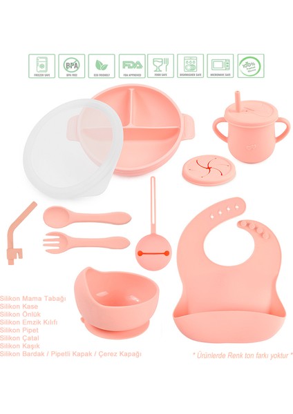 Silikon Beslenme Seti Vakumlu Mama Tabağı, Kase, Önlük, Çatal-kaşık, Bardak / Pembe