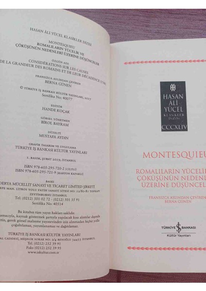 Romalıların Yücelik ve Çöküşünün Nedenleri Üzerine Düşünceler (Ciltli)Somizli 1,baski 2019 Basimi 193 Sayfadir fırsatları