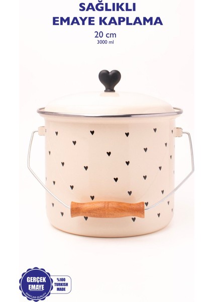 Kalp Desenli Emaye Bakraç, 20CM, 3l, Tüm Ocaklarla Uyumlu, Şık ve Dayanıklı