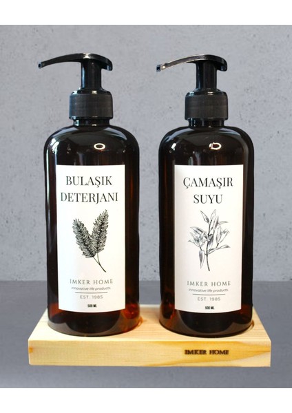 2 Gözlü Ahşap Stantlı Amber Kahverengi 500ML Bulaşık ve Çamaşır Şişesi