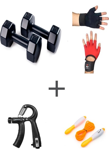 1 kg Dambol Seti, Eldiven ve Atlama Ipi, Ayarlanabilir, Siyah, Spor Ekipmanı