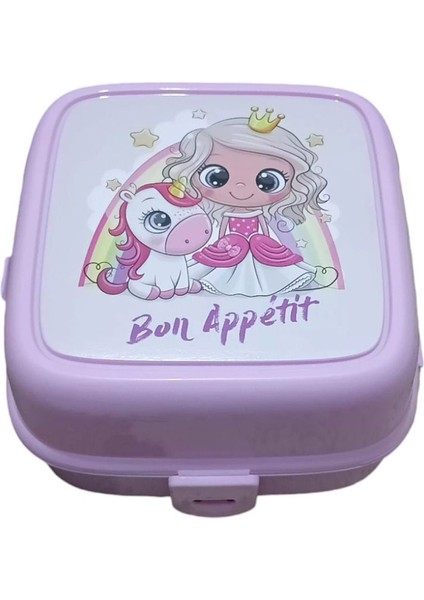 Sevimli Çocuk Kahvaltı ve Piknik Saklama Kutusu, Pembe, Resimli, Kilitli