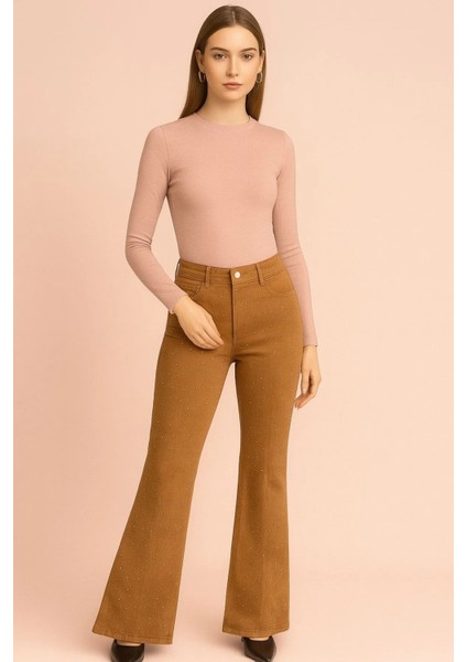 Kadın Jeans Gabardin Kumaş Taşlı Ispanyol Paça Pantolon