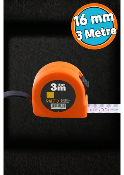 Bükülebilir Metal Şerit Metre 3 M, Turuncu Renk, Plastik Kasa, Düğmeli, Ölçüm Aracı