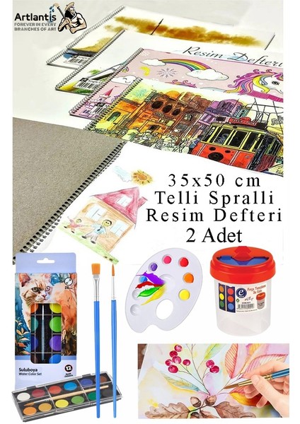 12 Renk Brons Sulu Boya 35X50 cm Telli Spralli Resim Defteri Resim Paleti Resim Fırçası Temizleme Kabı Suluboya Okul
